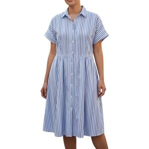 Ava Aviv Striped Midi Shirt Dress Button Up Short Sleeve Collared Casual